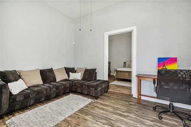 2437 Dumaine St, New Orleans, LA 70119 - living room with lofted ceiling and wood finished floors