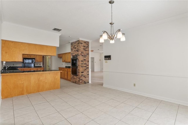 kitchen featuring kitchen peninsula, black appliances, crown molding, light tile patterned floors, and a chandelier