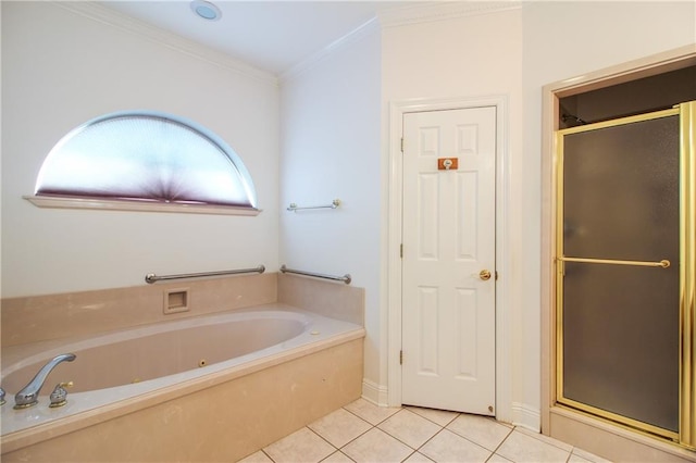 bathroom featuring crown molding, plus walk in shower, and tile patterned floors