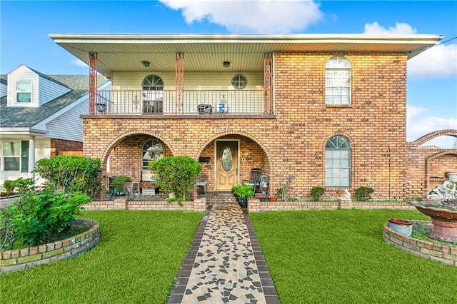 view of front of property with a balcony and a front lawn