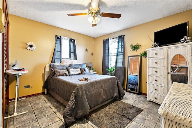 bedroom with a textured ceiling and ceiling fan