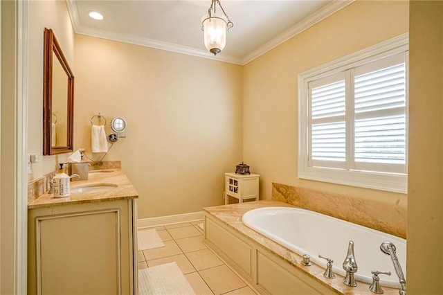 bathroom with tile patterned flooring, ornamental molding, vanity, and a tub to relax in