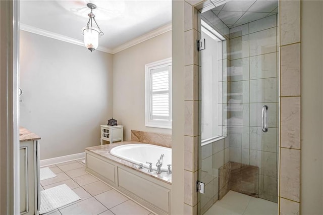 bathroom with tile patterned flooring, ornamental molding, vanity, and plus walk in shower