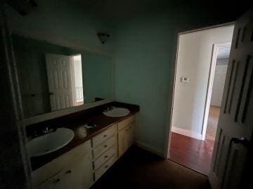 bathroom with vanity and hardwood / wood-style floors