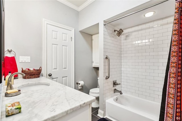 full bathroom with toilet, ornamental molding, vanity, shower / tub combo with curtain, and tile patterned floors