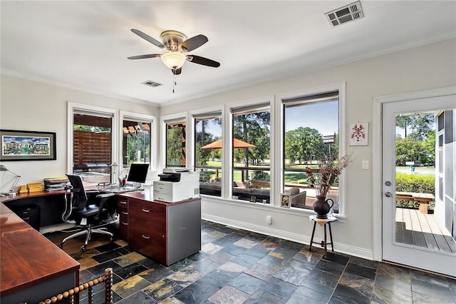 office with crown molding and ceiling fan