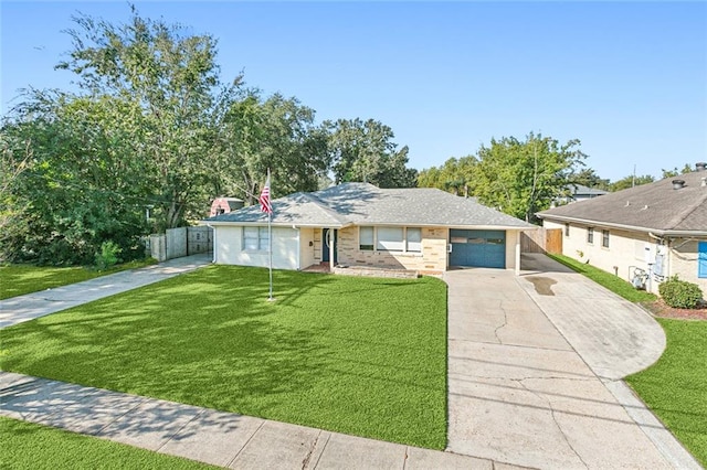 single story home featuring a front yard and a garage