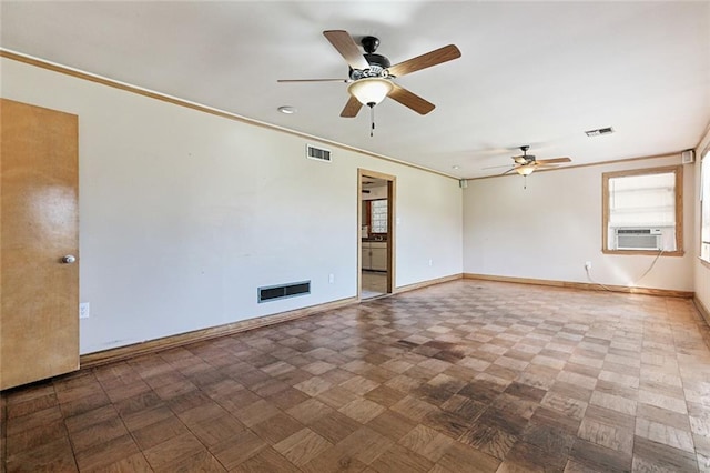 empty room with crown molding, cooling unit, and ceiling fan