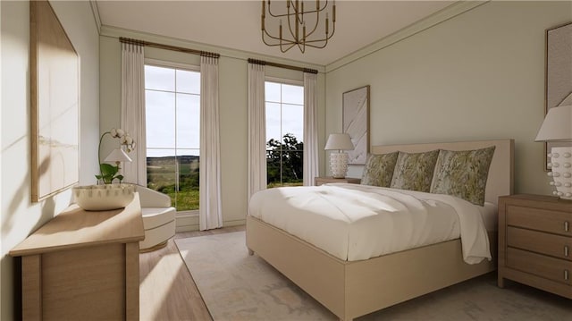 bedroom featuring light hardwood / wood-style flooring, ornamental molding, and a notable chandelier