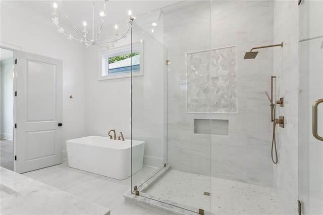 bathroom with plus walk in shower and a chandelier