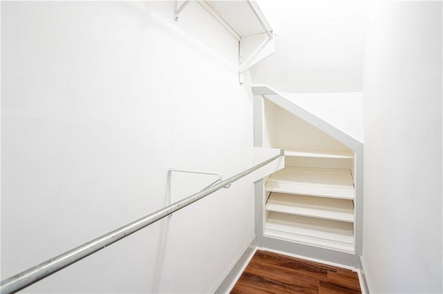 walk in closet with dark wood-type flooring