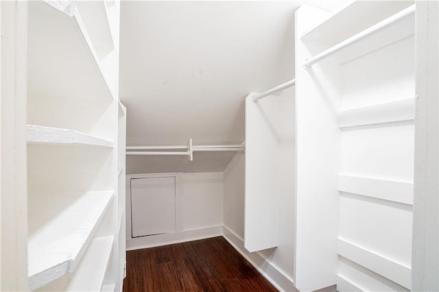 spacious closet with dark wood-type flooring