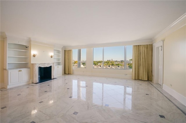 unfurnished living room with crown molding and built in features