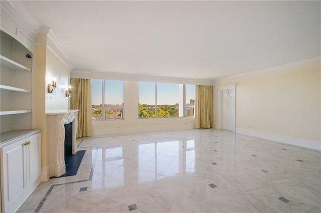 unfurnished living room with crown molding and built in shelves