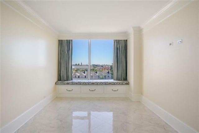 empty room featuring ornamental molding