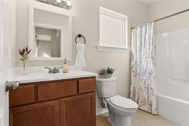 full bath with toilet, tile patterned flooring, vanity, and shower / tub combo with curtain
