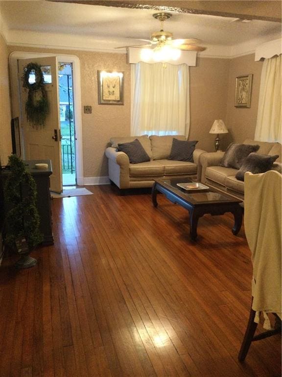 living room featuring ceiling fan, plenty of natural light, and dark hardwood / wood-style floors