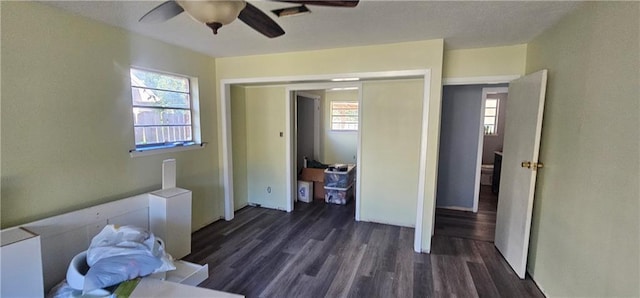 bedroom with dark hardwood / wood-style flooring, a closet, multiple windows, and ceiling fan