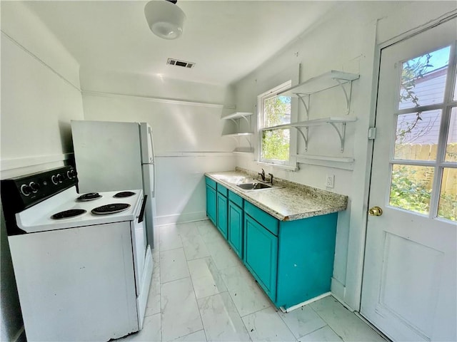 kitchen featuring white electric range, a healthy amount of sunlight, sink, and blue cabinetry