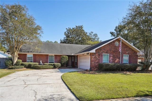 ranch-style house featuring a garage, concrete driveway, brick siding, and a front lawn