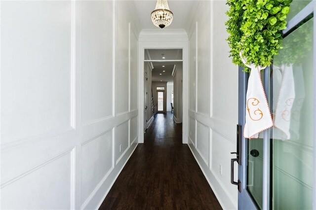 hallway featuring dark hardwood / wood-style flooring and a chandelier