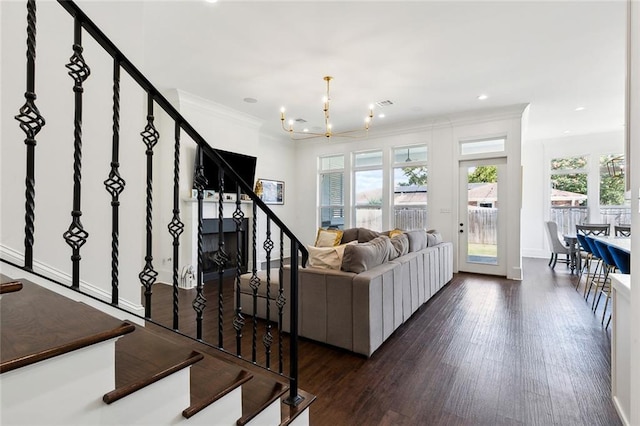 living room featuring a notable chandelier, ornamental molding, and dark hardwood / wood-style flooring