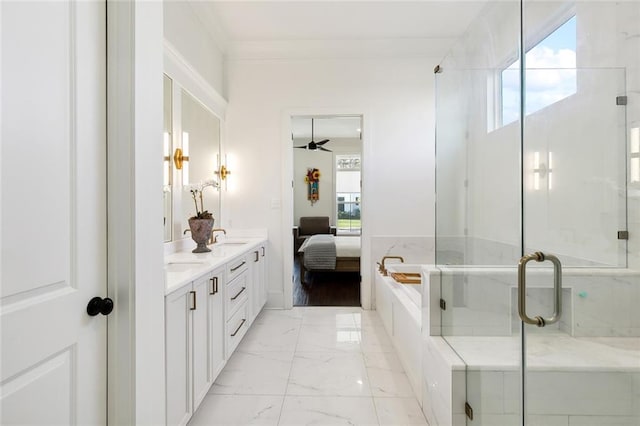 bathroom featuring vanity, ceiling fan, ornamental molding, and separate shower and tub