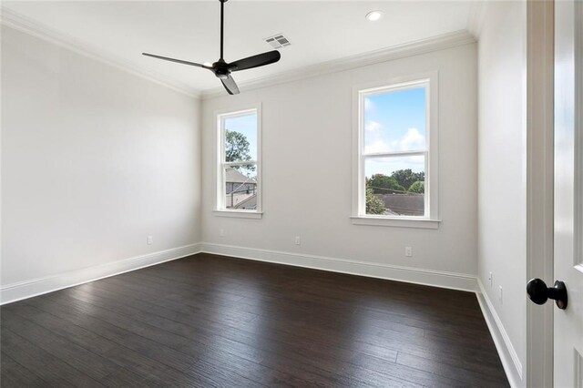 unfurnished room featuring crown molding, dark wood-type flooring, and ceiling fan