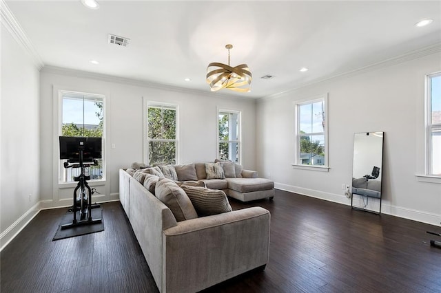 living room with ornamental molding, dark hardwood / wood-style floors, and a chandelier