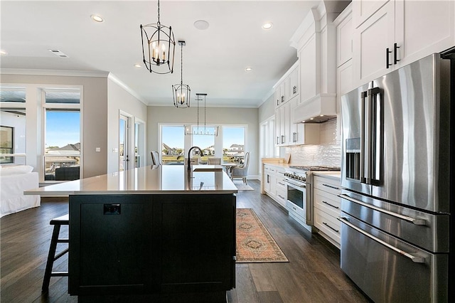 kitchen with white cabinetry, a kitchen breakfast bar, high quality appliances, custom range hood, and an island with sink