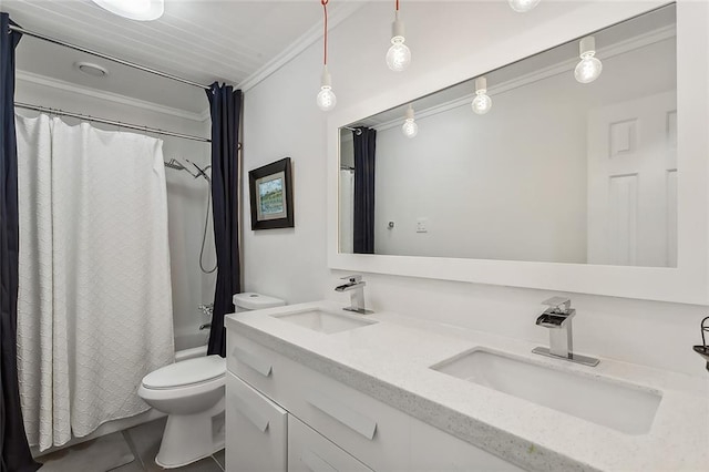 full bathroom featuring shower / bath combo, toilet, vanity, crown molding, and tile patterned flooring