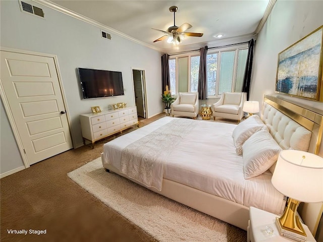 carpeted bedroom featuring baseboards, visible vents, and ornamental molding