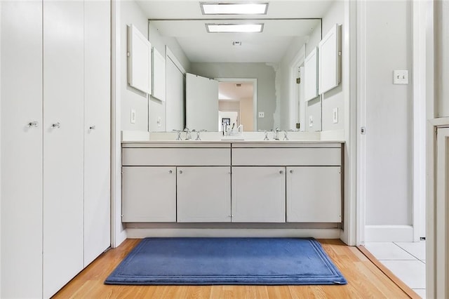 bathroom with vanity and wood-type flooring