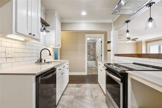 kitchen with white cabinetry, electric range, dishwasher, and sink