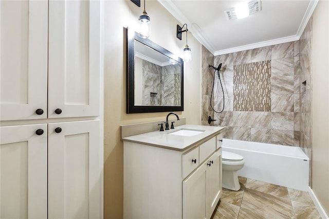 full bathroom with vanity, toilet, tiled shower / bath combo, and crown molding