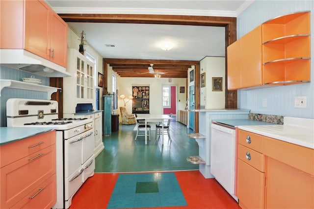 kitchen with white appliances, ceiling fan, beamed ceiling, dark wood-type flooring, and crown molding