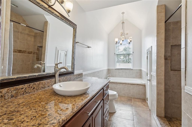 full bathroom with plus walk in shower, toilet, lofted ceiling, vanity, and a chandelier