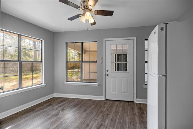 entryway with dark hardwood / wood-style flooring and ceiling fan