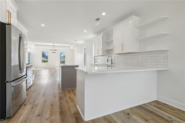 kitchen with white cabinets, light wood-type flooring, kitchen peninsula, and stainless steel appliances