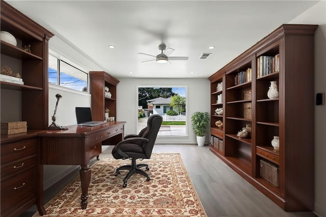 office space featuring light hardwood / wood-style floors, plenty of natural light, and ceiling fan