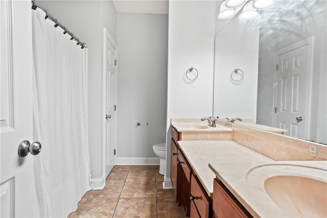 full bathroom with vanity, toilet, tile patterned floors, baseboards, and curtained shower