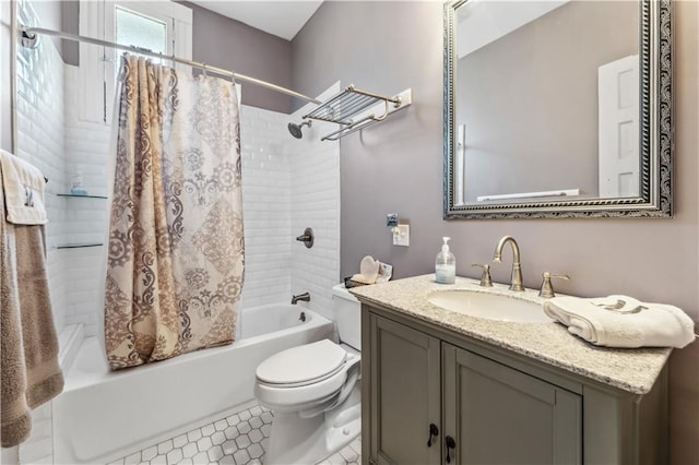 full bathroom with vanity, tile patterned floors, toilet, and shower / bathtub combination with curtain