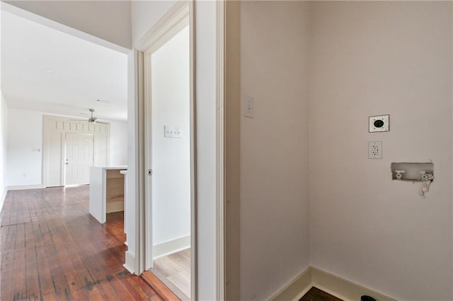 washroom with dark wood-type flooring, ceiling fan, electric dryer hookup, and hookup for a washing machine