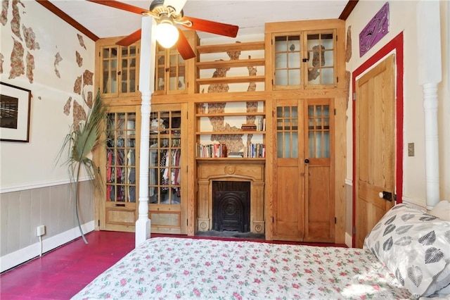 bedroom with concrete floors and ceiling fan