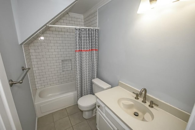 full bathroom featuring ornamental molding, vanity, shower / bathtub combination with curtain, tile patterned flooring, and toilet