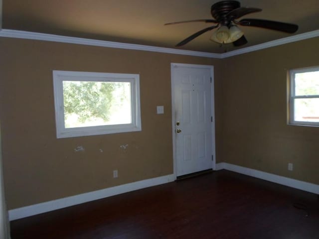 spare room with ceiling fan, ornamental molding, and dark hardwood / wood-style flooring