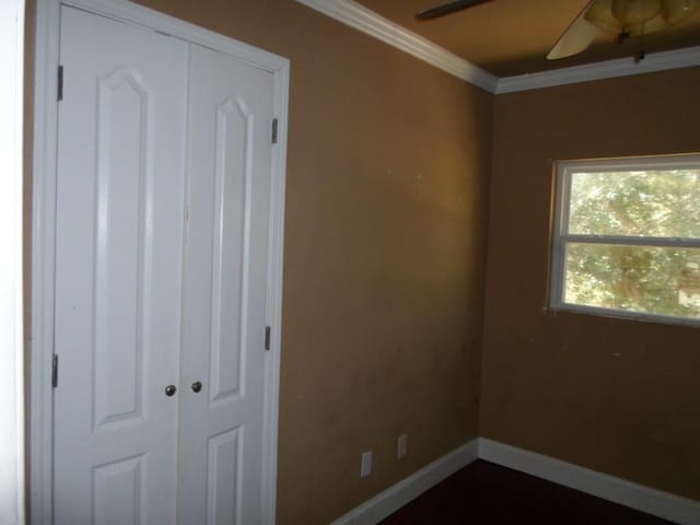 interior space featuring a closet, ceiling fan, and crown molding