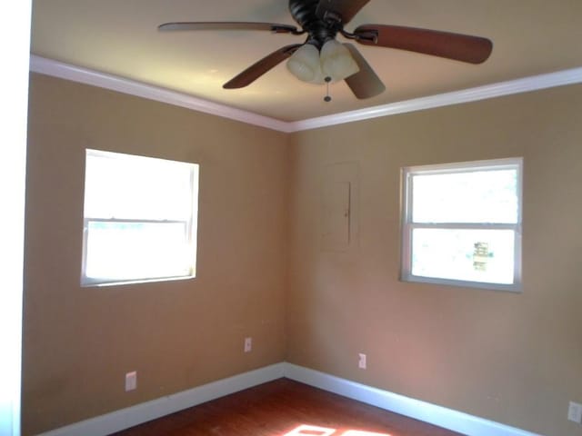 empty room with crown molding, hardwood / wood-style floors, and ceiling fan