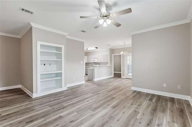 unfurnished living room with crown molding, ceiling fan with notable chandelier, and light wood-type flooring