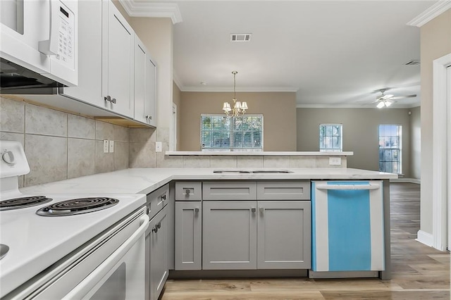 kitchen with kitchen peninsula, gray cabinetry, light hardwood / wood-style floors, crown molding, and white appliances